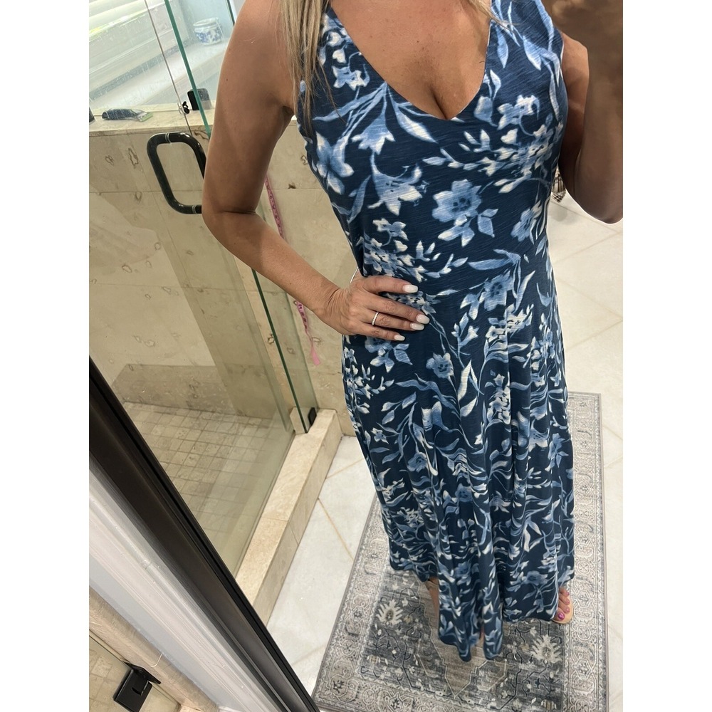 Chaps Floral Cotton Maxi Dress V-Neck Batik Blue Sleeveless M Medium